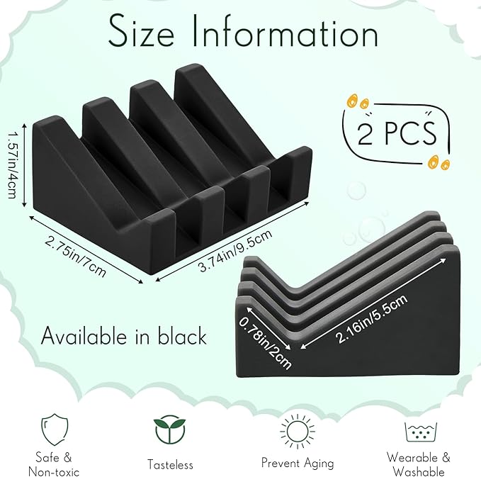 Cunhill 2 Pieces Silicone Soap Dish Self Draining Soap Dish Shower Waterfall Bar Soap Holder Tray with Drain Soap Saver for Kitchen Bathroom Accessories (Black)