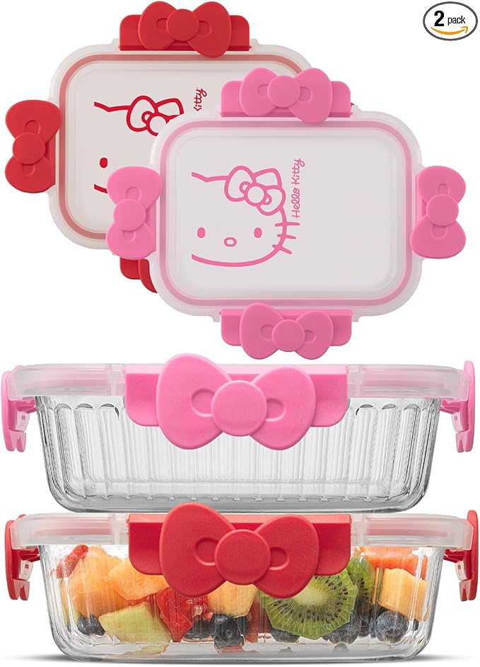 JoyJolt Sanrio Hello Kitty Fluted Glass Food Storage Containers with Lids, 2x Airtight Glass Storage Containers with Lids for Kitchen, Reusable Lunch Meal Prep Container, Cute Hello Kitty Gifts