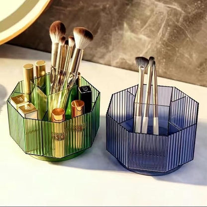 LINFIDITE 360°Rotating Makeup Organizer Holder Cosmetic Display Case Clear Makeup Brush Lip Gloss Organizer Case with 5 Slots Round Turntable Storage Tray for Vanity, Bathroom, Counter Organizer Blue