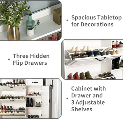 Shoe Cabinet for Entryway,Large Shoe Storage Cabinet with 3 Flip Drawers and Side Cabinet,Narrow Shoe Rack Organizer Cabinet for Closet,Hallway