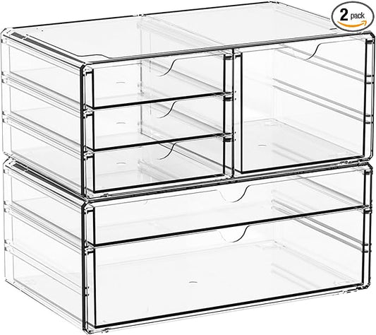 Yieach 2 Pack Acrylic Drawer Organizer With 6 Drawers,Stackable 11.1” Large Clear Storage Drawers and Makeup Organizer For Vanity,Bathroom Countertop,Cabinet,Pantry,Office Supply Storage Bins Drawers