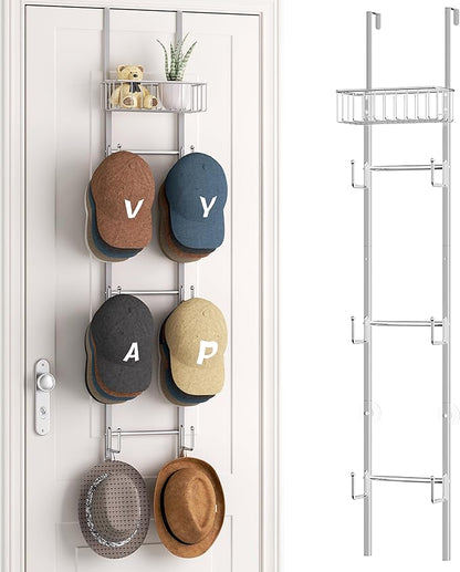 HapiRm Over Door Hat Rack - Wall Mounted Hat Organizer with 6 Hooks and Metal Basket Design, Baseball Cap Organizer Storage Holder Up to 32 Caps for Door, Bedroom, Closet (Sliver)