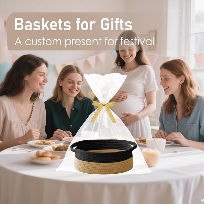 JMvicyroam Woven Basket,Small Rope Storage Bin with Handles & Ribbon Bag, Organizer for Shelves Closets,Gift Basket Empty for Birthday,Books,Dog Toys, Black&Jute/2 Pack