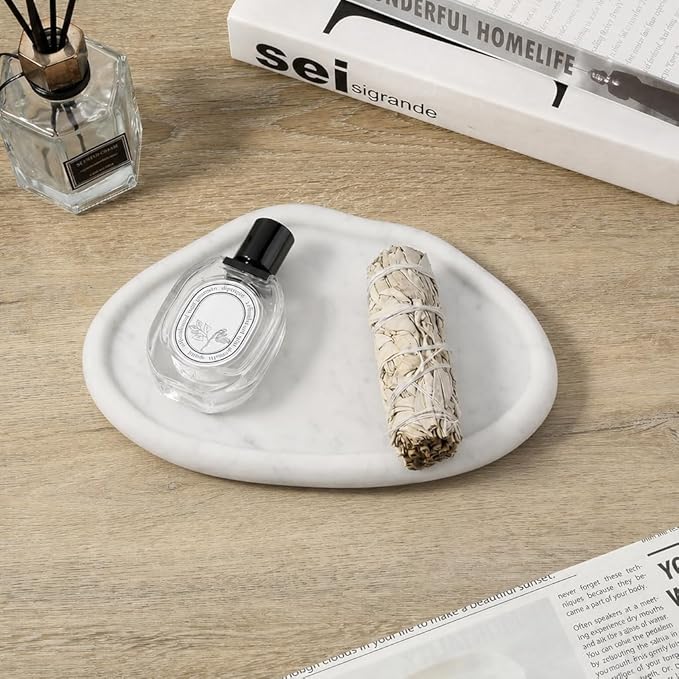 Koville Luxurious Natural Marble Vanity Tray for Home Decor, Cloud Shape Serving Stone Key Tray, 10" x 7" Marble Storage Trays for Bathroom, Stone Plate for Perfume, Candle and Jewelry（Bianco Carrara）