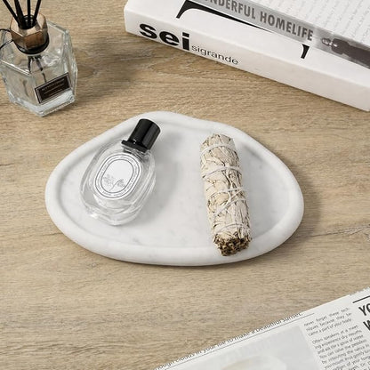 Koville Luxurious Natural Marble Vanity Tray for Home Decor, Cloud Shape Serving Stone Key Tray, 10" x 7" Marble Storage Trays for Bathroom, Stone Plate for Perfume, Candle and Jewelry（Bianco Carrara）
