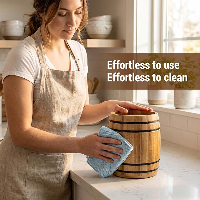 MyGift Wine Barrel Design Kitchen Utensil Crock, Light Brown Solid Bamboo Wood Cooking Tool Holder