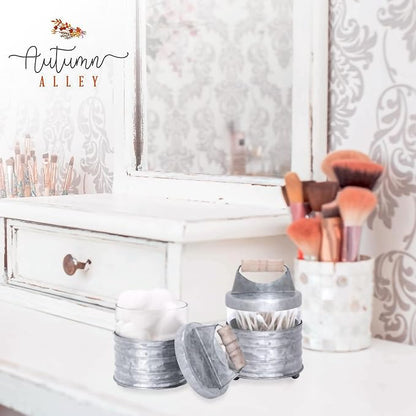Autumn Alley Galvanized Bathroom Apothecary Jars Set, Farmhouse Bathroom Jars Qtip Holder Glass Dispenser- Rustic Vanity Organizer with Lids for Cotton Balls, Swabs, Rounds, Bath Salts 2-Glass Jars