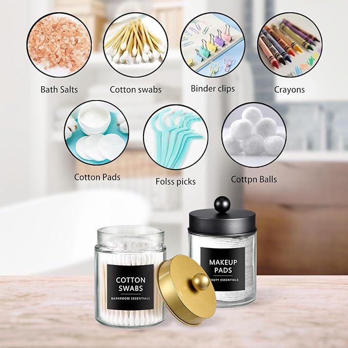 SheeChung 2-Pack Qtip Holder Dispenser - Glass Apothecary Jars with Rust-Proof Stainless Steel Lids - Modern Luxury Farmhouse Bathroom Vanity Organizer for Cotton Swabs, Balls, Pads(Black&Gold)