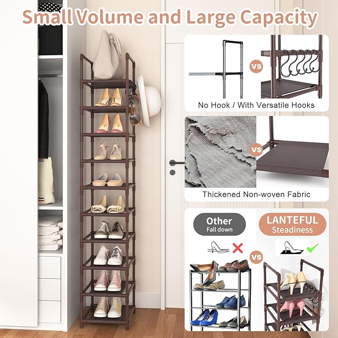 LANTEFUL Tall Shoe Rack 10-Tier Narrow Shoe Shelf Storage for 10-15 Pairs Shoe and Boot, Sturdy Shoe Storage Space Saving Corner Shoe Rack Organizer for Closet, Entryway, Living Room, Brown