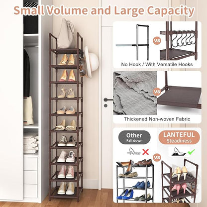 LANTEFUL Tall Shoe Rack 10-Tier Narrow Shoe Shelf Storage for 10-15 Pairs Shoe and Boot, Sturdy Shoe Storage Space Saving Corner Shoe Rack Organizer for Closet, Entryway, Living Room, Brown