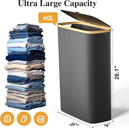 Foluck Slim Laundry Hamper, 60L Waterproof Narrow Laundry Basket with Lid and Removable Bag, Collapsible Tall Clothes Hamper with Bamboo Handles for Clothes Toys in Dorm Bedroom Bathroom, Black