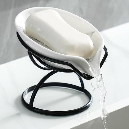 Dobbyby Leaf-Shaped Soap Dish – Ceramic Soap Bar Holder with Self-Drainage System – Bar Soap Holder for Shower, Bathroom Sink, Kitchen – Soap Dish with Stainless Steel Stand (White-Black-2 Pack)