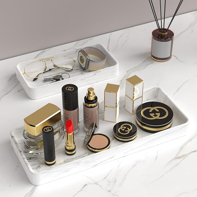 Gurygo 12" Ceramic Bathroom Vanity Tray for Kitchen Counter - Kitchen Soap Trays - Rectangular Vanity Tray for Bathroom - Porcelain Large Serving Trays (Marble, Set/1)