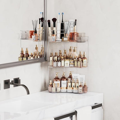 Asayuee 3-Tier Corner Bathroom Counter Organizer with Top Toothbrush Holders,Large Makeup Organizer Countertop with Brush Holder,Skincare Organizers Corner,Exquisite Vanity Organizer (Clear, 3 Tier)