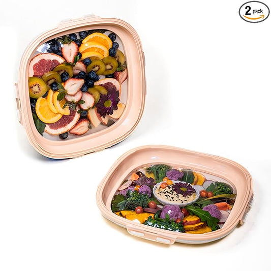 Crudités | Portable Snack Tray | Square 2-Pack | Coral Pink | Reversible Stretch Lid Food Containers | BPA-Free, Freezer & Dishwasher Safe | Meal-Prep, Charcuterie, Salads, Picnic, Travel