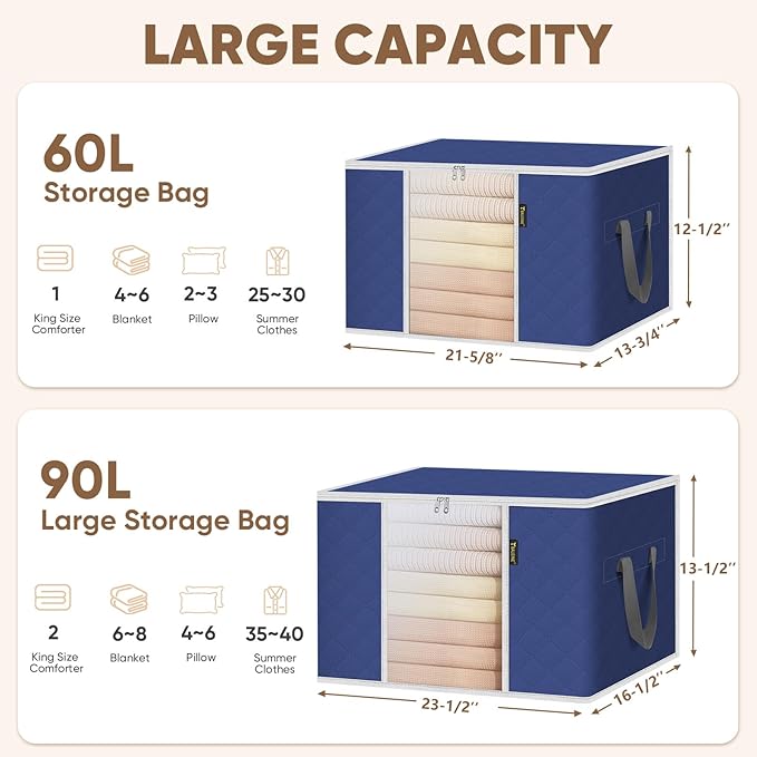 BALEINE 4 Pack Clothes Storage Bags, 16 Gallon Storage Containers with Reinforced Handle, Sturdy Zipper, Closet Organizer for Blanket, Comforter, Pillow, Bedding (Blue, 4 Pack)