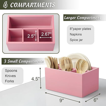 DRASTAR Utensil Holder, Wooden Silverware Caddy, Picnic Cutlery Organizer, Countertop Silverware Holder for Party, Pink
