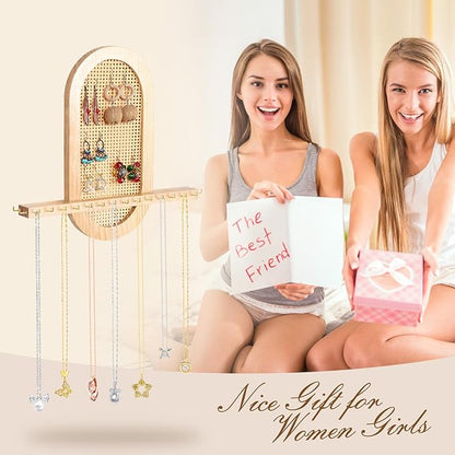 Wall Necklace Holder Hanging Jewelry Organizer whit 18 Hooks Wooden Necklace Organizer, Space-saving Boho Jewelry Display for Necklaces & Earrings Storage