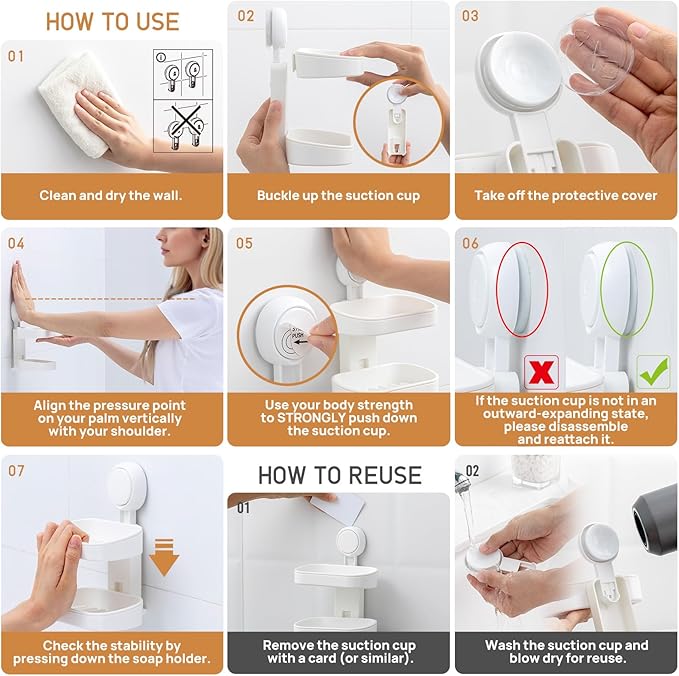LEVERLOC Soap Dish Holder for Shower, Double Layer Suction Cup Wall Mounte Self Draining Removable Waterproof Strong Suction Bar Soap Holder for Shower, White