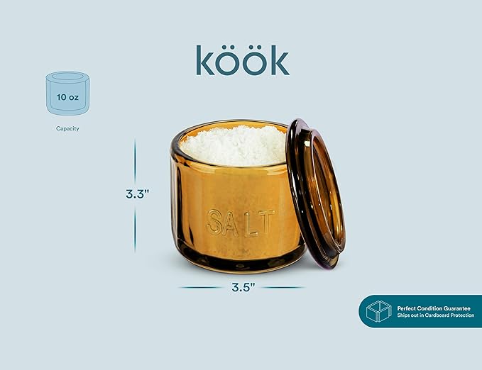 KooK Glass Salt Cellar, with Lid, Embossed Pressed Glass, Clear Storage Container, for Coffee, Sugar, Spices and Candies, Handwash Only, 10 oz, (Vintage)