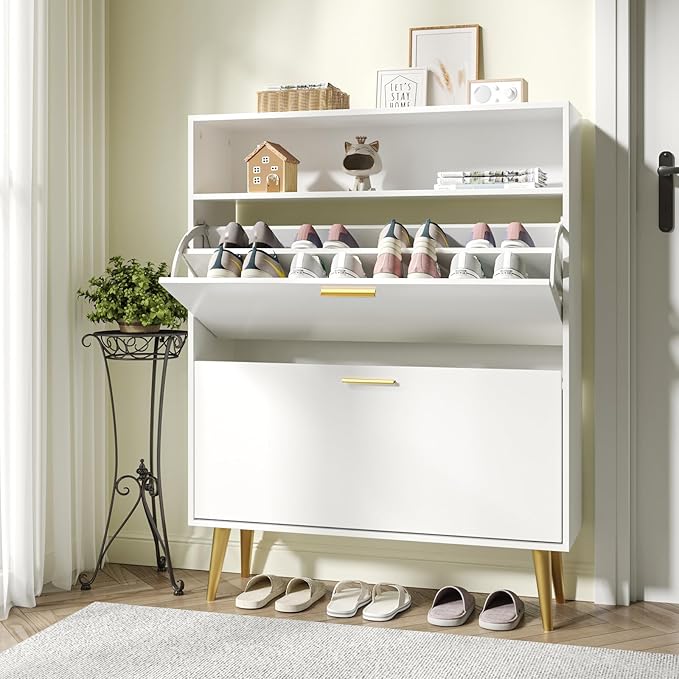 JOZZBY Shoe Cabinet Storage for Entryway, Freestanding Slim Shoe Organizer Cabinet with 2 Flip Drawers, Narrow Shoe Rack with Open Shelves for Hallway, Living Room, White