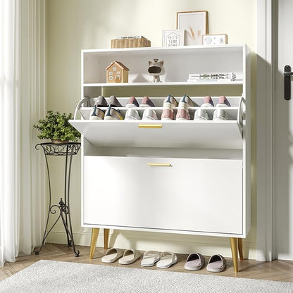 JOZZBY Shoe Cabinet Storage for Entryway, Freestanding Slim Shoe Organizer Cabinet with 2 Flip Drawers, Narrow Shoe Rack with Open Shelves for Hallway, Living Room, White