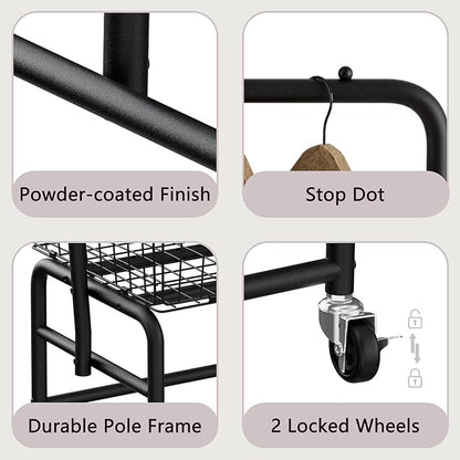 Rolling Laundry Cart with Wheels, Laundry Hamper Basket Organizer with Clothes Hanging Rack, Wire Storage Cloth Shelf Butler, Black