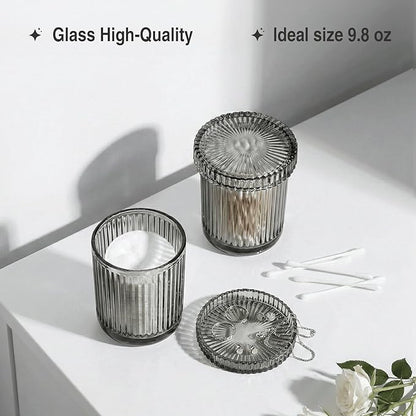 2 Pack Qtip Holder - Apothecary Jars with Lids, Bathroom Organizers and Storage Canister for Cotton Balls,Swabs,Floss Picks,Hair Ties,Clear Glass Vintage Bathroom Decor Jar Set (Gray)