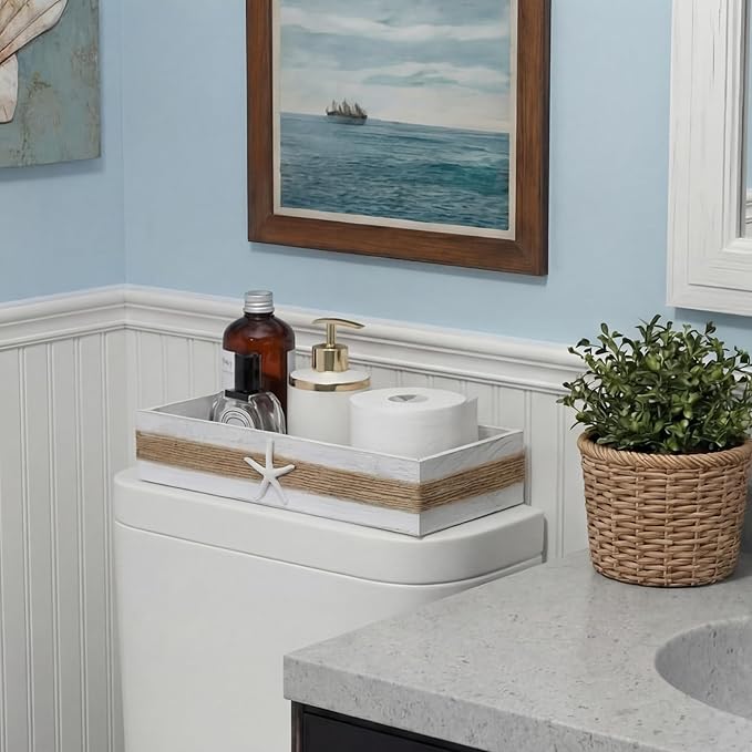 Novabright Beach Toilet Tank Basket Rustic Bathroom Decor Box Farmhouse Wood Bathroom Paper Holder Basket Starfish Decor Top of Toilet Organizer Storage for Coastal Bath Tank Topper Counter Decoration