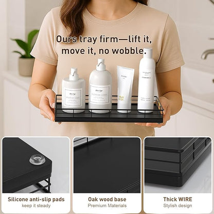 Toilet Paper Basket Organizer – Oak Wood Toilet Tank Tray with Metal Frame, Bathroom Counter Top Storage for Toilet Paper, Wipes & Decor, Modern Narrow Back of Tank Shelf Organizer, Black