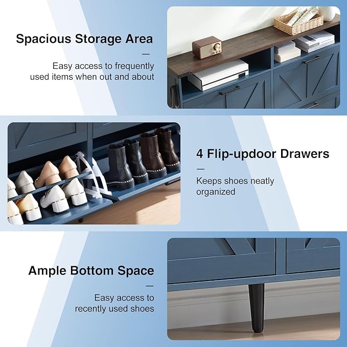 Barnyatoh Shoe Storage Cabinet,Farmhouse Shoe Organizer with 4 Flip Drawers & Barn Door Design,Freestanding Hidden Slim Narrow Shoe Rack Cabinet with Open Shelves for Entryway,Foyer,Hallway,Navy Blue
