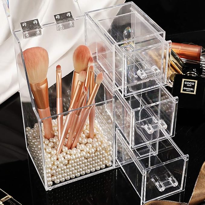 ShellKingdom Makeup Brush Holder,Clear Cosmetic Brushes Organizer With Drawer for Storage Brushes with Lid and Pearl for Dressing Tables and Vanity