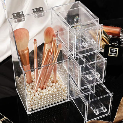ShellKingdom Makeup Brush Holder,Clear Cosmetic Brushes Organizer With Drawer for Storage Brushes with Lid and Pearl for Dressing Tables and Vanity