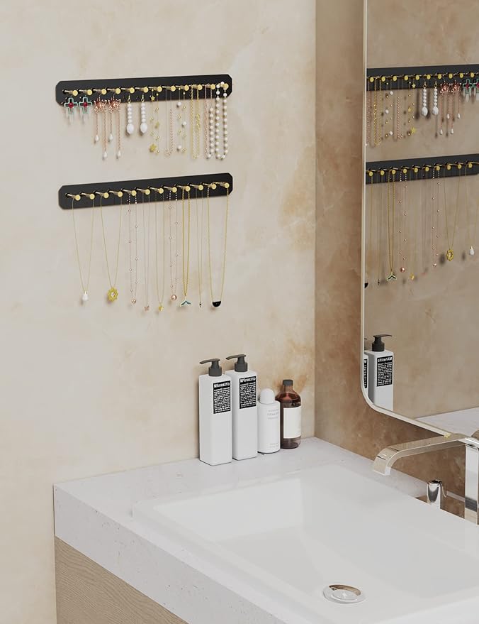 NiHome Wall Mounted Acrylic Jewelry Organizer 2-Pack, Durable Sleek Rack Strong Carbon Steel Hooks for Dressing Table, Bathroom, Kitchen, Hassle-Free Installation Multiple Mounting Options (Black)