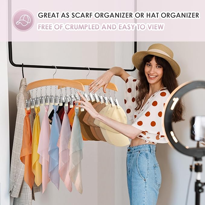 MEILIDY Leggings Hangers, Wooden Closet Hanging Leggings Storage Organizer Scarf Hangers with 24 Clips, 360° Swivel Hook, Burlywood, 2 Pcs