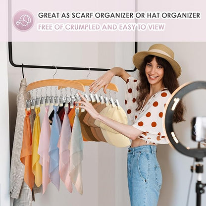 MEILIDY Leggings Hangers, Wooden Closet Hanging Leggings Storage Organizer Scarf Hangers with 24 Clips, 360° Swivel Hook, Burlywood, 2 Pcs