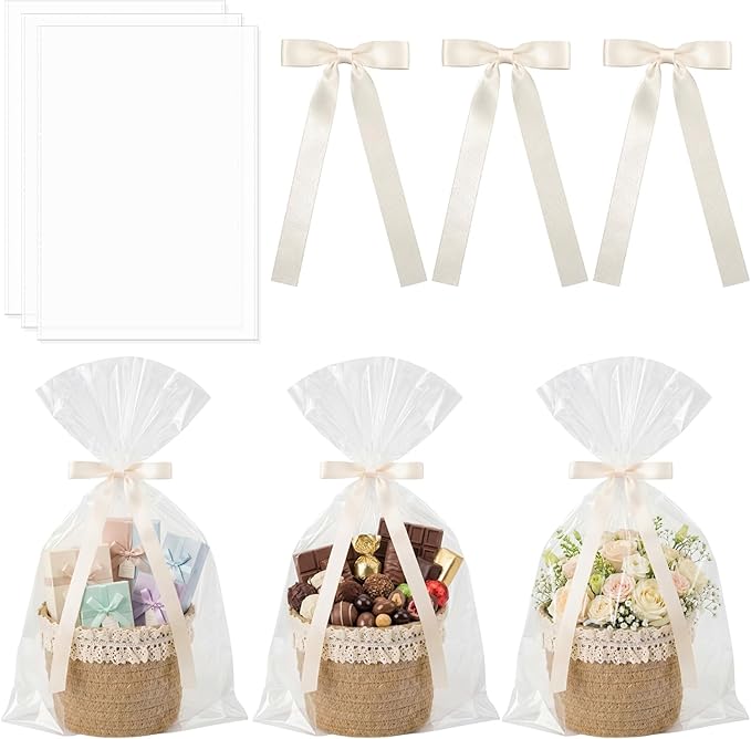 3 Pcs Small Woven Basket, Empty Gifts Basket with Gift Bags and Ribbons, 4x4x4 Inch Boho Organizer Box for Baby Shower, Birthday, Bridal Shower, Wedding, Present, Pen Pencil Makeup Brush Holder