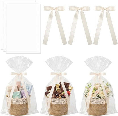 3 Pcs Small Woven Basket, Empty Gifts Basket with Gift Bags and Ribbons, 4x4x4 Inch Boho Organizer Box for Baby Shower, Birthday, Bridal Shower, Wedding, Present, Pen Pencil Makeup Brush Holder