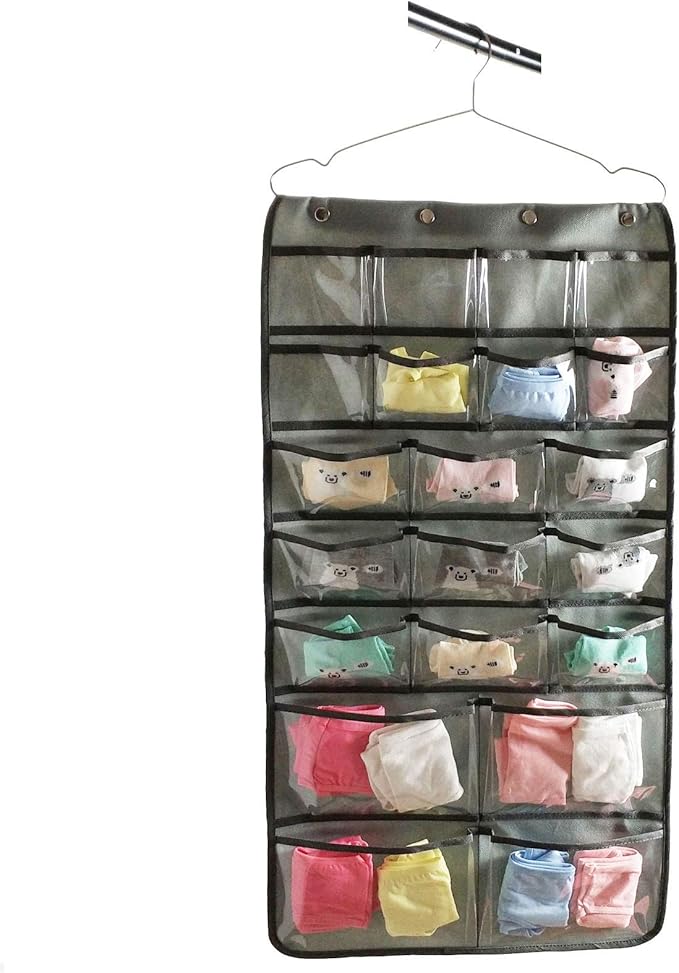 NIMES Hanging Closet Underwear Sock Bra Organizer Dual-Sided Accessories Storage With 42 Clear Pockets (GREY)