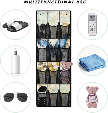 Retro Butterfly Over The Door/Wall Shoe Organizers,Space Saving Hanging Storage Holder,Hanging Shoe Organizer with 12 Mesh Large Pockets,Closet Rack for Home Bedroom Bathroom