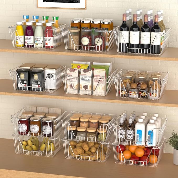 Slideep Large Stackable Storage Baskets Cabinet Organizer Sturdy Metal Wire Pantry Freezer Bin for Pantry Home Bathroom Kitchen Organization 3 Packs