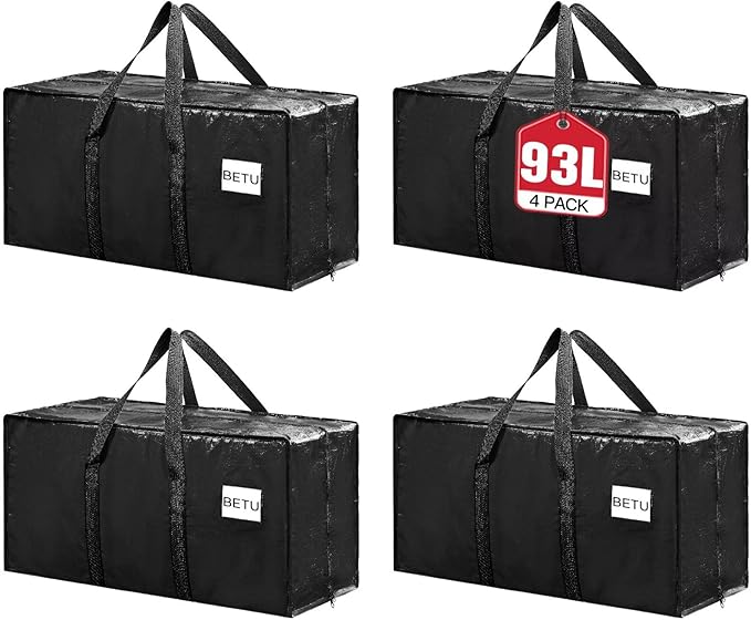 BETU 4 Pack Moving Bags Moving Storage College Dorm Camping Packing Travel PE Heavy Duty, Sturdy Handle, Zipper Large Storage Tote Bag Moving Boxes Box Alternative - Black 29L x 14W x 13H
