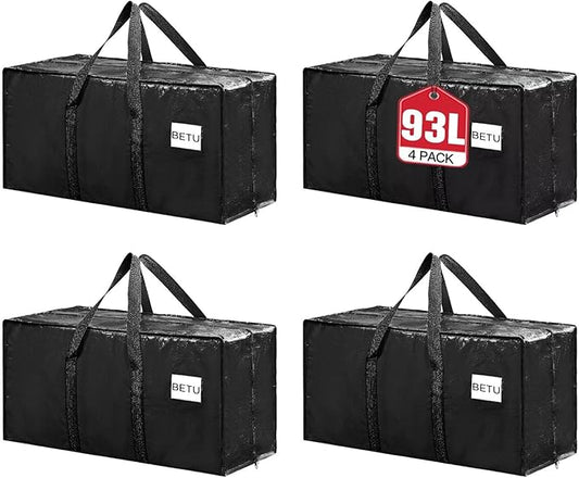 BETU 4 Pack Moving Bags Moving Storage College Dorm Camping Packing Travel PE Heavy Duty, Sturdy Handle, Zipper Large Storage Tote Bag Moving Boxes Box Alternative - Black 29L x 14W x 13H