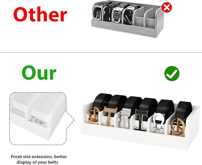 Belt Organizer for Drawer - Bamboo Belt Storage Organizer | Belt Rack for Closet Wall Mount Men Women Tie Sock Bra Scarf Ribbon(White, 6 Grids)