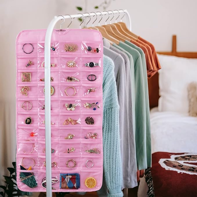 Bloss Valentines Day Gifts,Pink Hanging Jewelry Organizer with 80 Pockets Jewelry Organizers and Storage, Earring Organizer Holder For Jewelry Earring Storage Dating Gifts