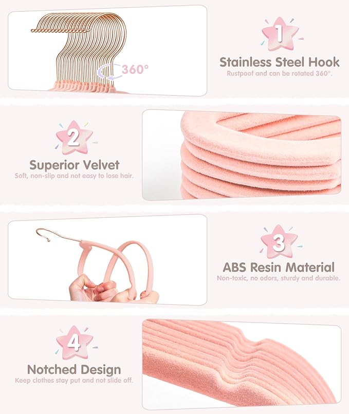 VIS'V Baby Hangers, 11 Inch Velvet Kids Hangers with 6 Pcs Clothes Size Dividers, Infant Toddler Nursery Closet Organization, Non Slip, Pink, 30 Pcs