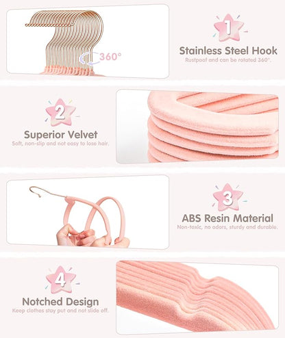 VIS'V Baby Hangers, 11 Inch Velvet Kids Hangers with 6 Pcs Clothes Size Dividers, Infant Toddler Nursery Closet Organization, Non Slip, Pink, 30 Pcs