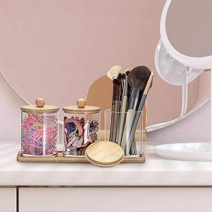 Qtip Holder with Vanity Tray Clear Cotton Ball Holder Cotton Swab Dispenser Bathroom Storage Canister with Lid Qtip Dispenser for Bathroom Office,3 Pcs