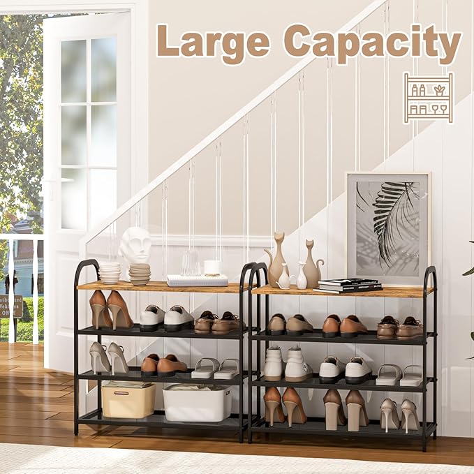 4-Tier Shoe Rack with Large Capacity, Metal Shoe Shelf Organizer, Free Standing Shoe Rack for Front Door Entrance Entryway Hallway Living Room Doorway (11.02"D x 24.41"W x 23.62"H, Rustic)