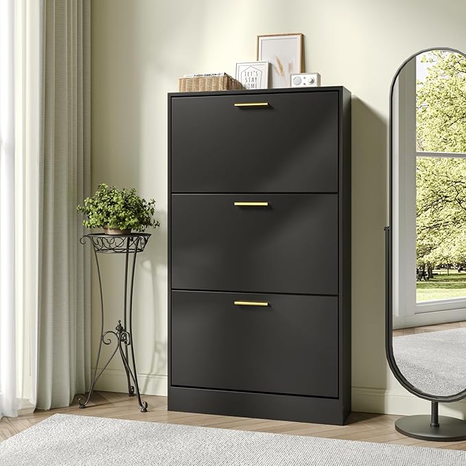 JOZZBY Shoe Storage Cabinet with 3 Flip Drawers, Freestanding Narrow Slim Shoe Organizer Cabinet Rack for Entryway, Hallway, Living Room, Black